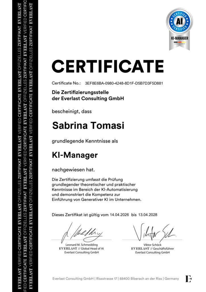 Zertifikat: grundlegende Kenntnisse als KI Manager, ausgestellt von Everlast AI