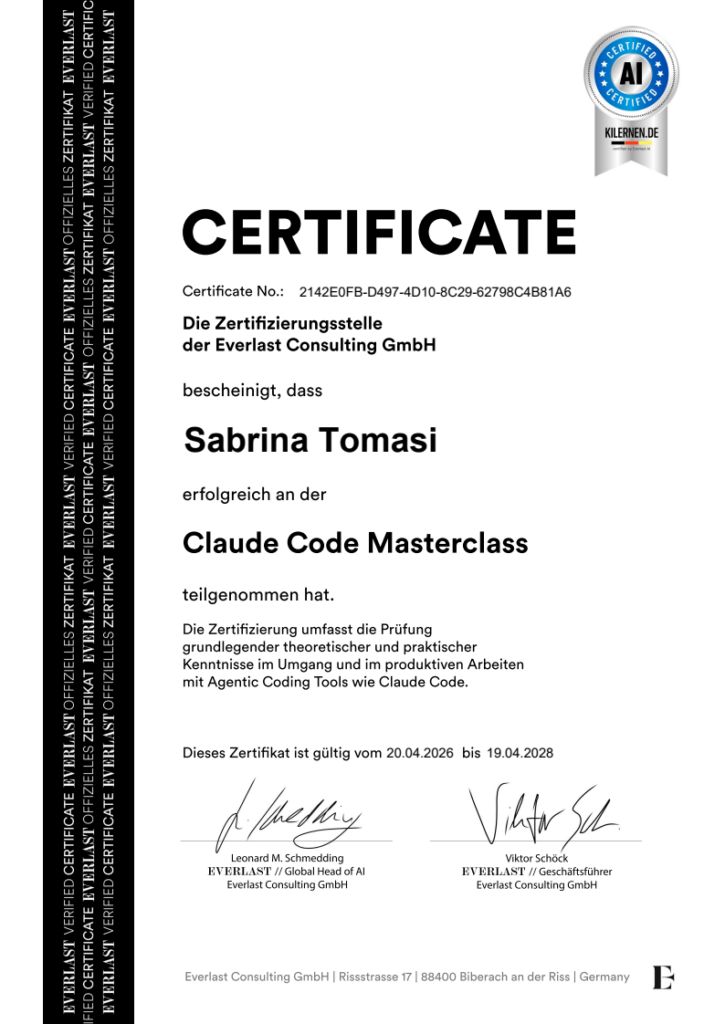 Zertifikat: erfolgreiche Teilnahme an der "Claude Code Masterclass" von Everlast AI